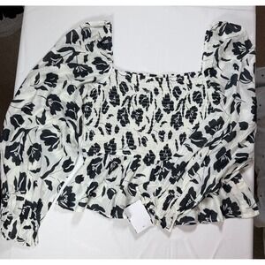 Dizzy Izzy Women Black White Floral Smocked Peplum Top Puff Sleeve Size M